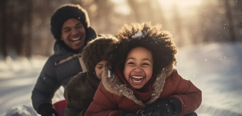 Black Family Sledding In Snow At Christmas Backdrop Generative AI - obrazy, fototapety, plakaty