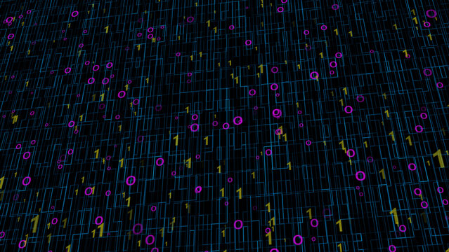 Background Animation using Binary Code. Row matrix backdrop, algorithm binary, data code, decryption and encoding, binary code black and blue background with moving numbers on screen.