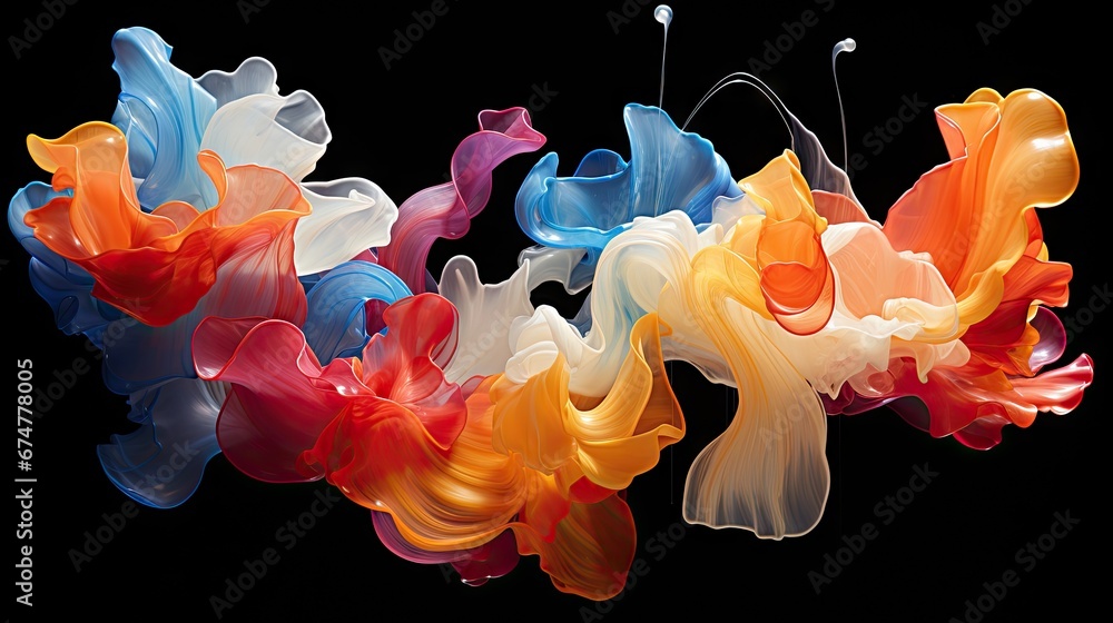 Poster a group of multicolored flowers floating in the air on a black background with a string attached to 