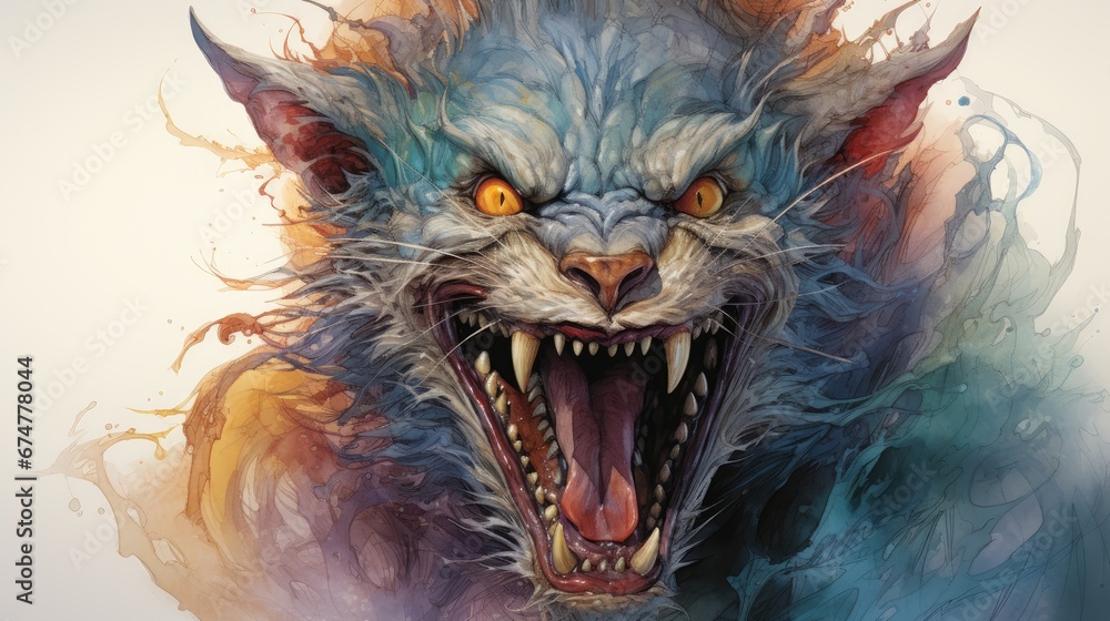 Poster a painting of a cat with its mouth open and it's mouth wide open with its mouth wide open. generativ