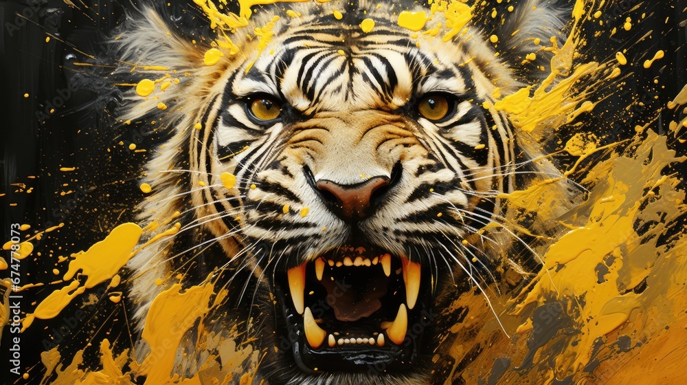 Poster a close up of a tiger's face with it's mouth open and it's mouth wide open. generative ai