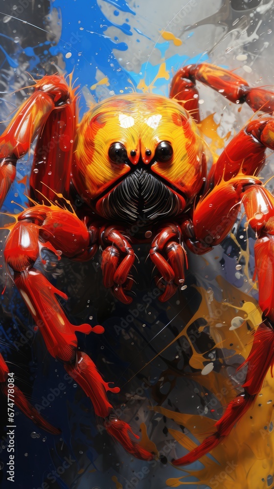 Aufkleber a close up of a red and yellow crab on a blue and yellow background with a splash of paint on it. ge
