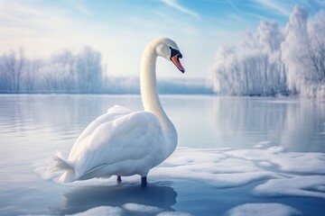 Swans on the frozen lake in winter. Generative Ai