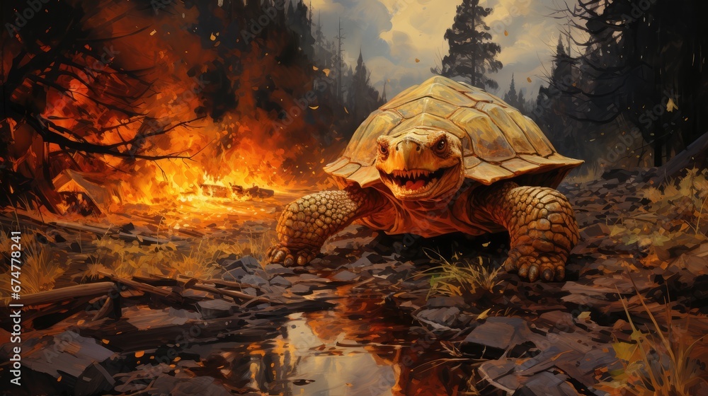 Poster a painting of a tortoise in the middle of a forest with a fire coming out of its shell. generative a