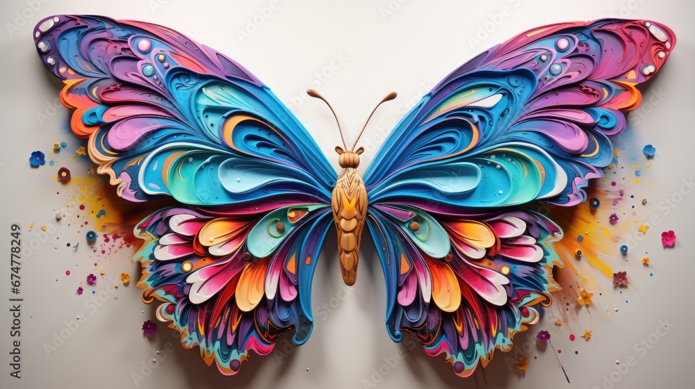 Sticker  a multicolored butterfly on a white wall with splatters of paint all over it's wings.  generative ai