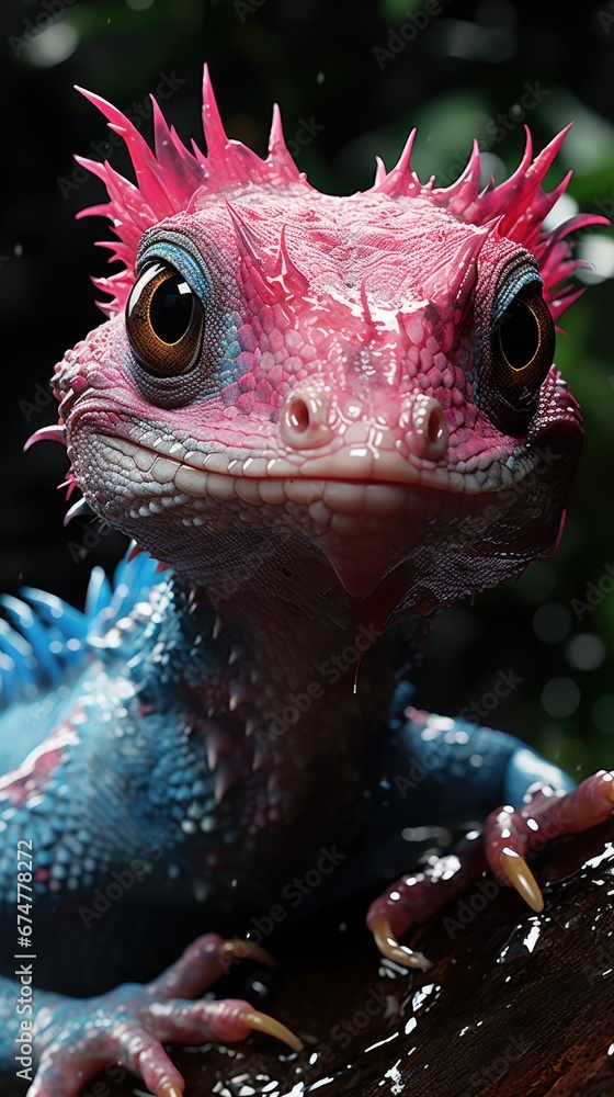Poster a close up of a red and blue lizard on a tree branch with water splashing on it's face. generative a