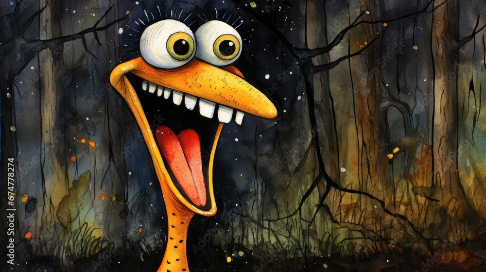 Poster a painting of a bird with its mouth open and eyes wide open in front of a forest filled with trees. 