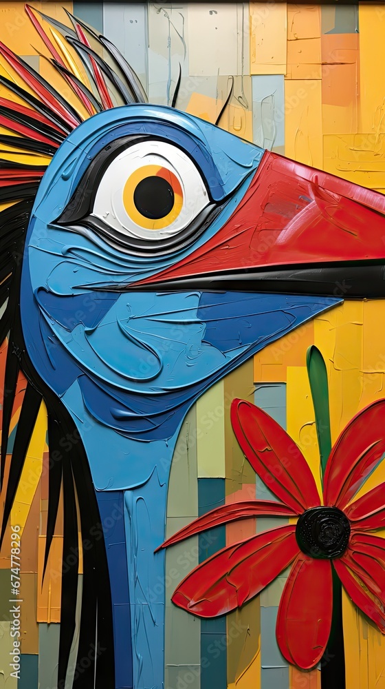 Poster a close up of a painting of a bird with a flower in it's beak and another bird with a flower in its 