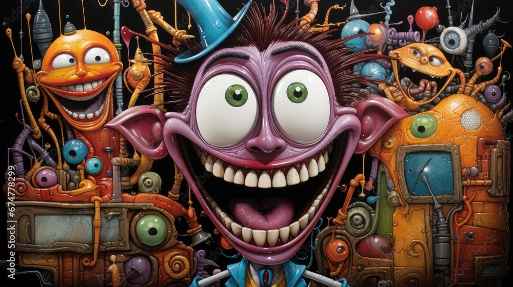 Poster a close up of a painting of a clown with many different types of things on it's face and body. gener