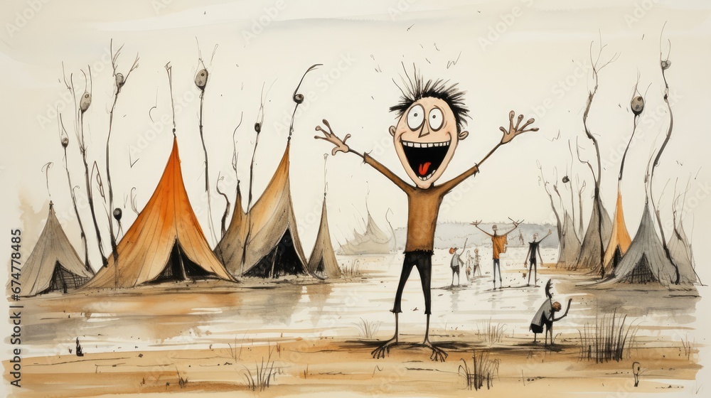 Poster a drawing of a man standing in front of a group of teepees with his hands in the air. generative ai
