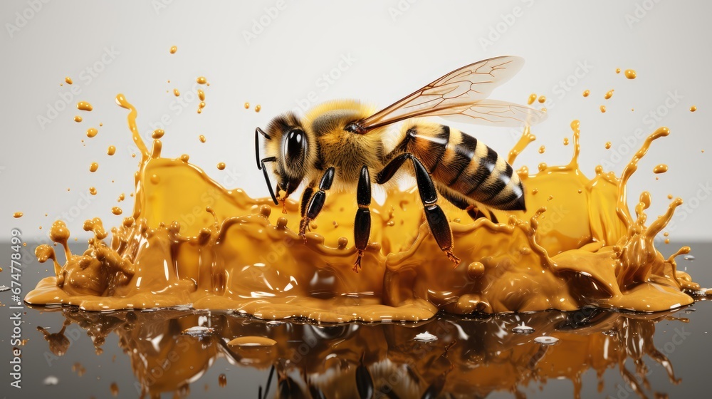 Poster a close up of a bee on a piece of fruit with a splash of orange juice in front of it. generative ai