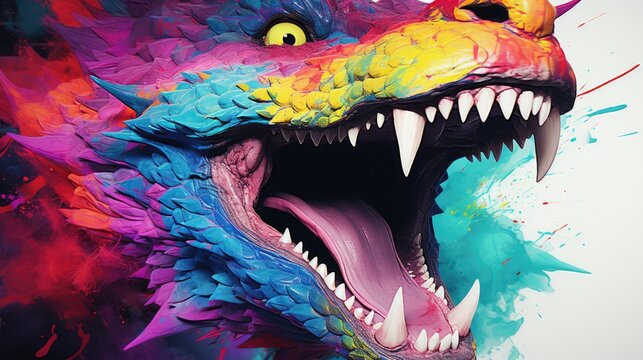  a close up of a colorful dragon's mouth with paint splattered all over it's body.  generative ai