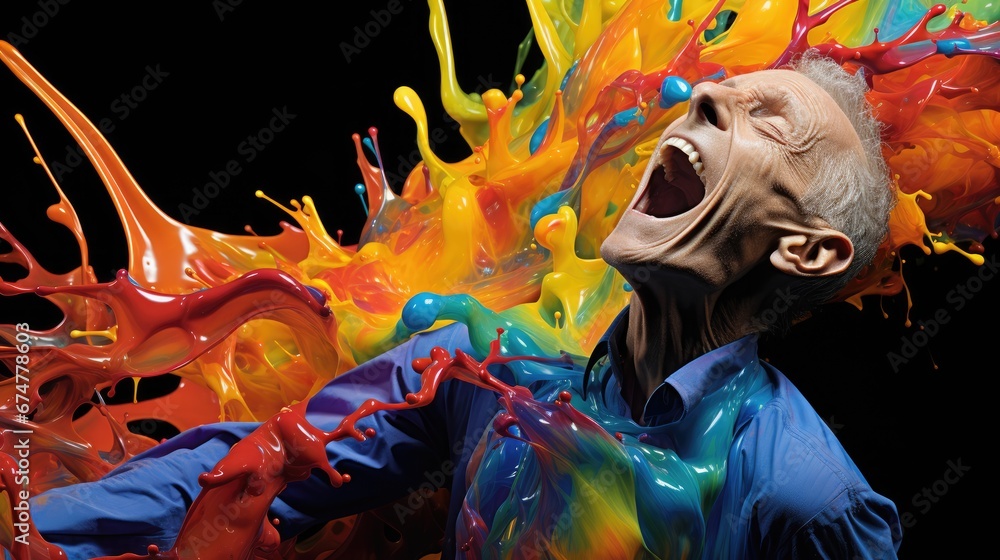 Poster a man with his mouth open in front of a multicolored paint splattered background with a black backgr