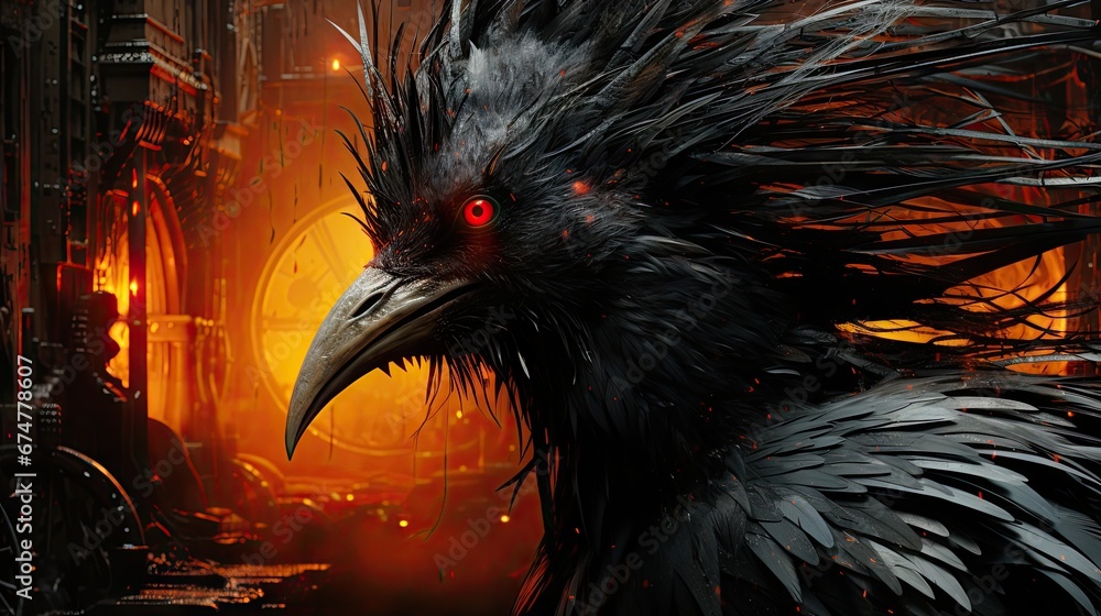 Aufkleber  a black bird with red eyes standing in front of a yellow and black building with a clock on it's face.  generative ai