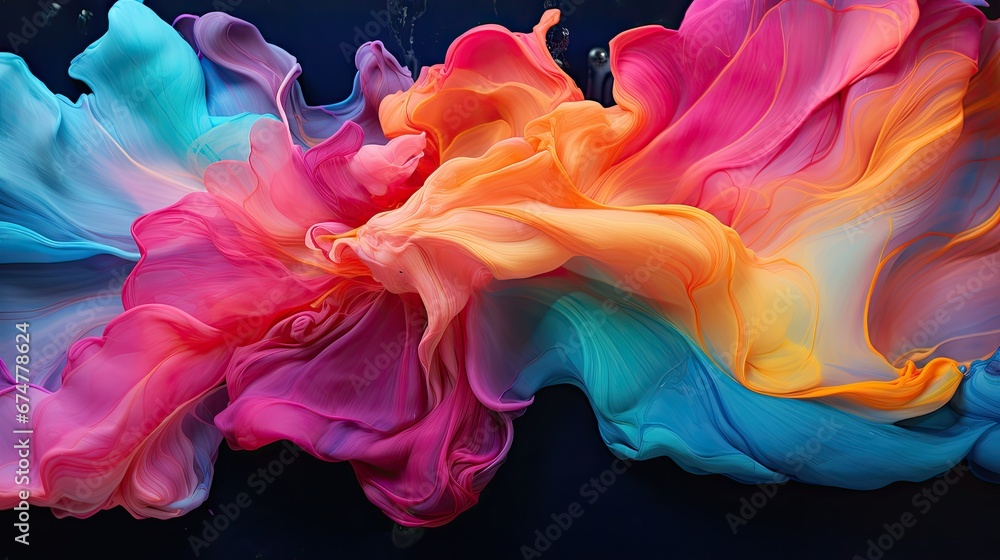 Poster a multicolored piece of art that looks like it has been blown in the wind and is floating in the air