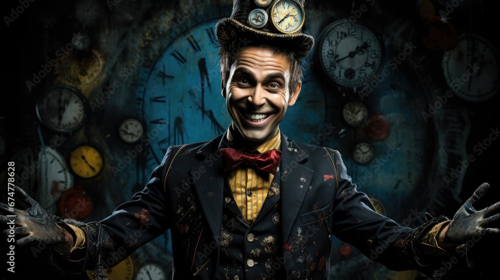 Poster a man in a suit with a clock on top of his head and hands out in front of a wall of clocks. generati