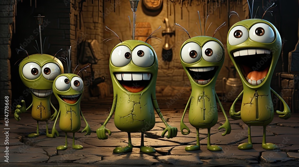 Aufkleber a group of cartoon characters standing next to each other in a room with a wall in the background th