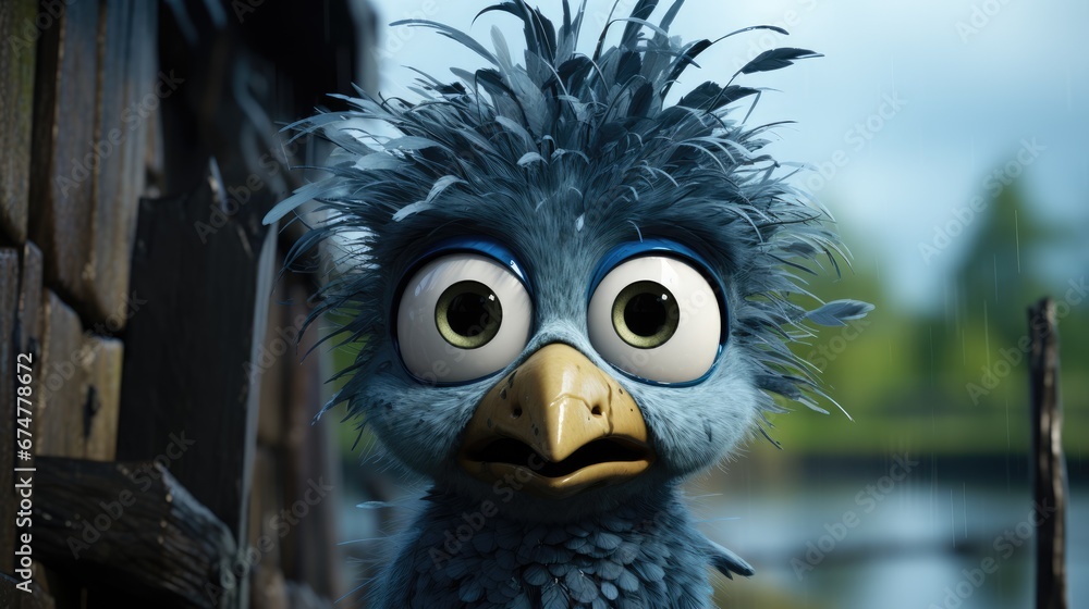 Poster a close up of a bird with big eyes and a surprised look on it's face with trees in the background. g
