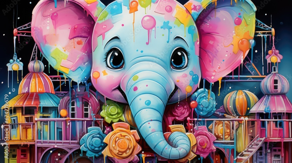 Poster a painting of an elephant in front of a building with a lot of colorful paint on it's face. generati