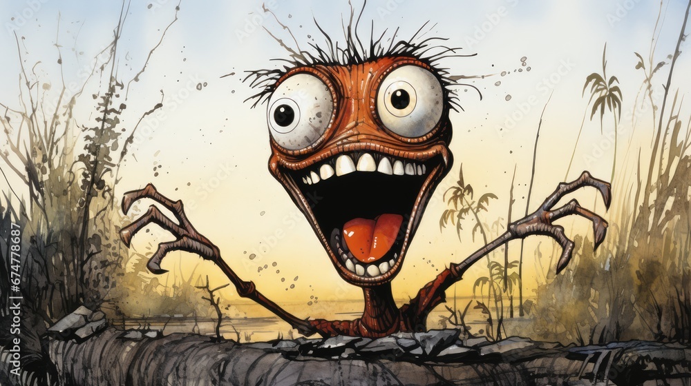 Poster a painting of a monster with its mouth open and eyes wide open, standing in front of a fallen tree. 