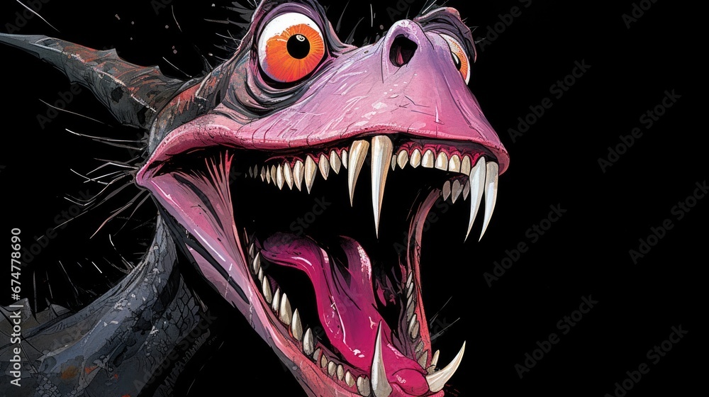 Poster a close up of a monster's face with sharp teeth and large fangs on it's face, with a black backgroun