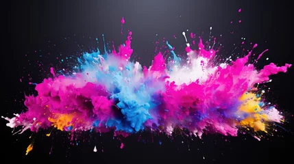 Fotobehang  a multicolored explosion of paint on a black background with space for a text or an image to put on a t - shirt or a t - shirt.  generative ai © Oleg