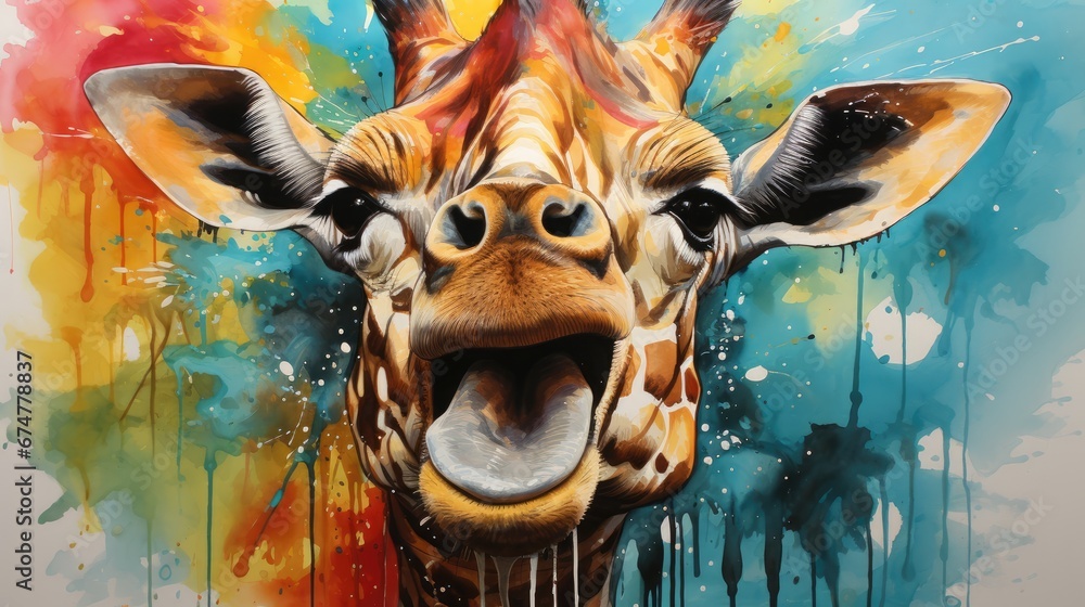 Poster a painting of a giraffe with it's mouth open and it's tongue out in front of a multicolored backgrou