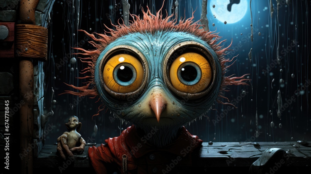 Poster a strange looking bird sitting next to a bear in front of a window with a full moon in the backgroun