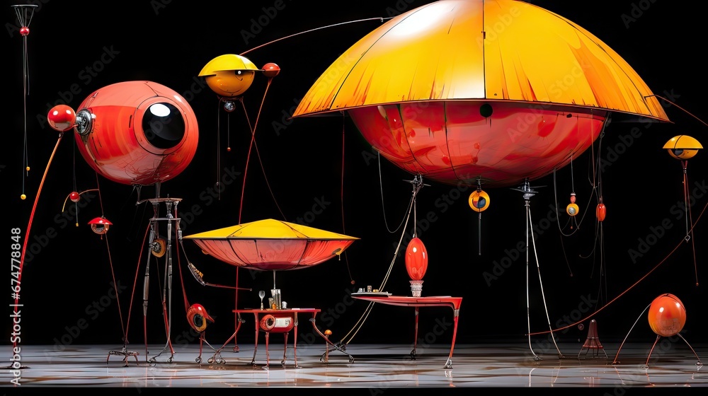 Aufkleber a group of red and yellow objects sitting on top of a black floor next to a table and a chair. gener