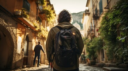 Fototapeta premium rear view traveller walking on old stone street travel sight seeing beautiful house architecture tradition on europe in attractive famous destination travel concept