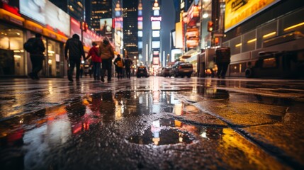 low angle wideshot of city urban street downtown after raining city night life billboard and...