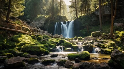 waterfall view in the forest waterfall scene in spring Nature landscape in forest sun rays falling into the forest 