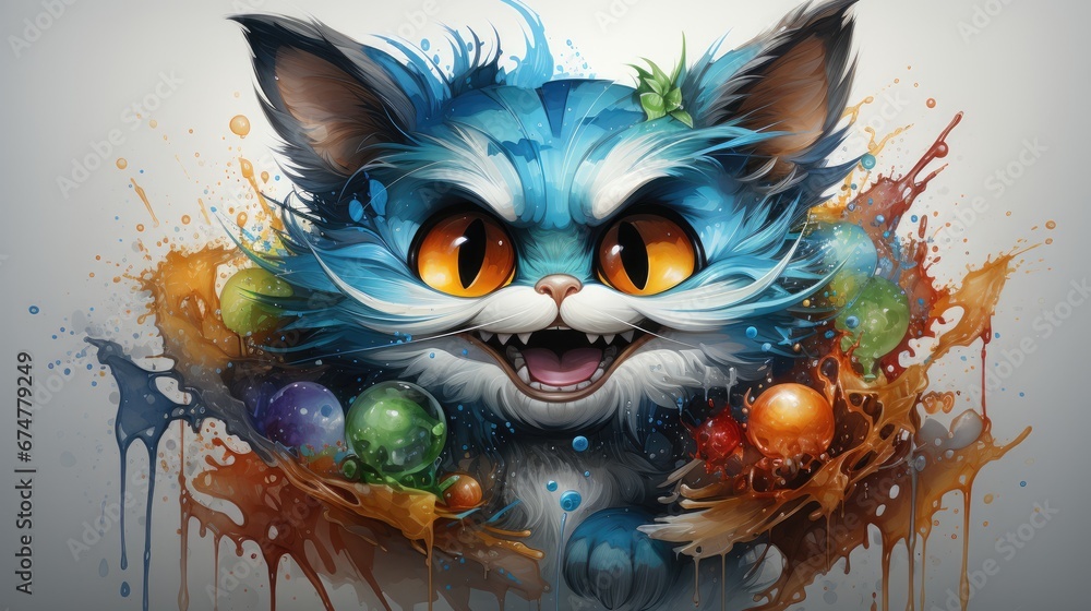 Poster a close up of a cat with paint splatters on it's face and a ball of paint in the background. generat