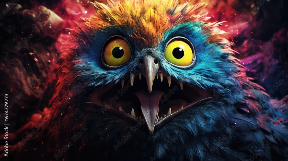 Poster a close up of a colorful bird with big yellow eyes and a mouth full of sharp sharp sharp sharp teeth