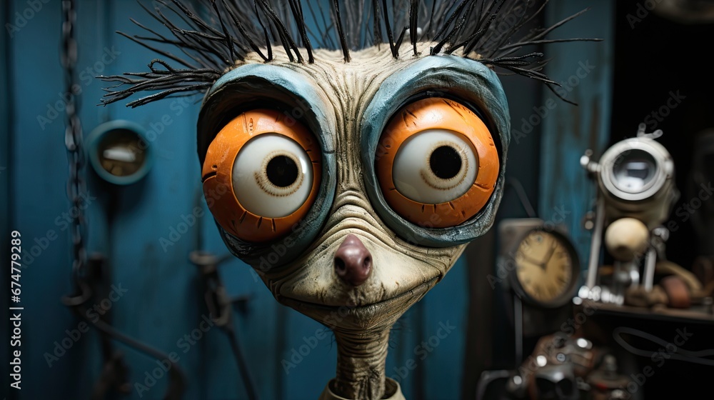Poster a close up of a strange looking creature with big eyes and spikes on it's head and a clock in the ba