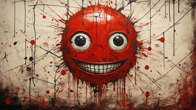  a painting of a red smiley face with blood splatters all over it and a white wall behind it.  generative ai