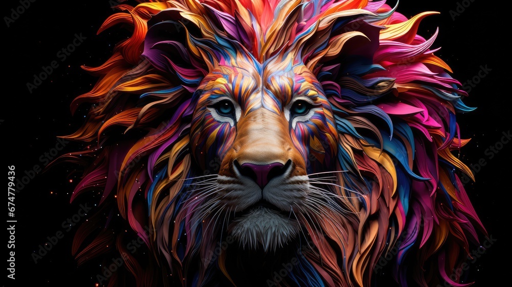 Aufkleber a close up of a lion's face with multicolored lines on it's face and a black background. generative 