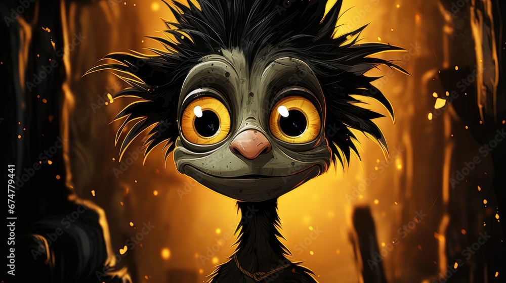 Poster a close up of a cartoon character with a weird look on it's face and a fire in the background. gener