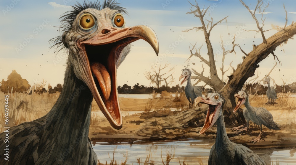 Poster a painting of a bird with its mouth open and another bird with its mouth open and another bird with 