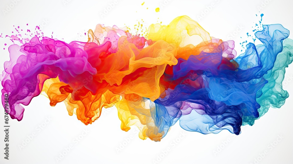 Poster a group of multicolored smokes floating in the air on a white background with a light reflection on 
