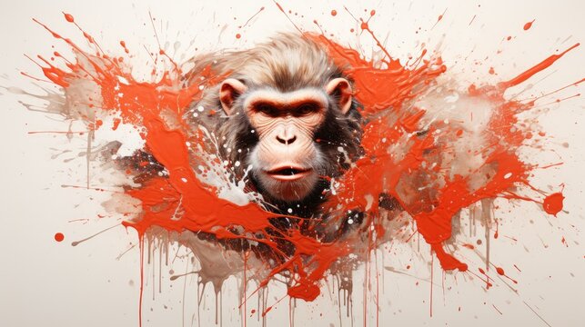  a painting of a monkey with red paint splatters on it's face and a monkey's head.  generative ai