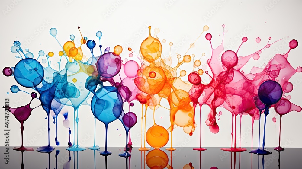 Poster a group of multicolored wine glasses sitting on top of a table next to each other in front of a whit