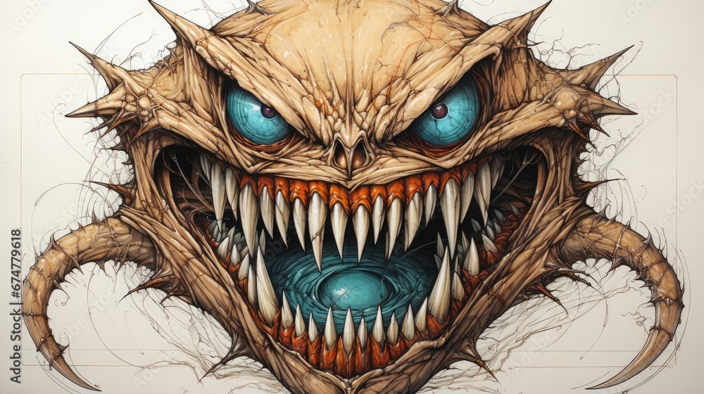 Poster a drawing of a monster's face with blue eyes and sharp teeth, with sharp teeth and sharp fangs on th