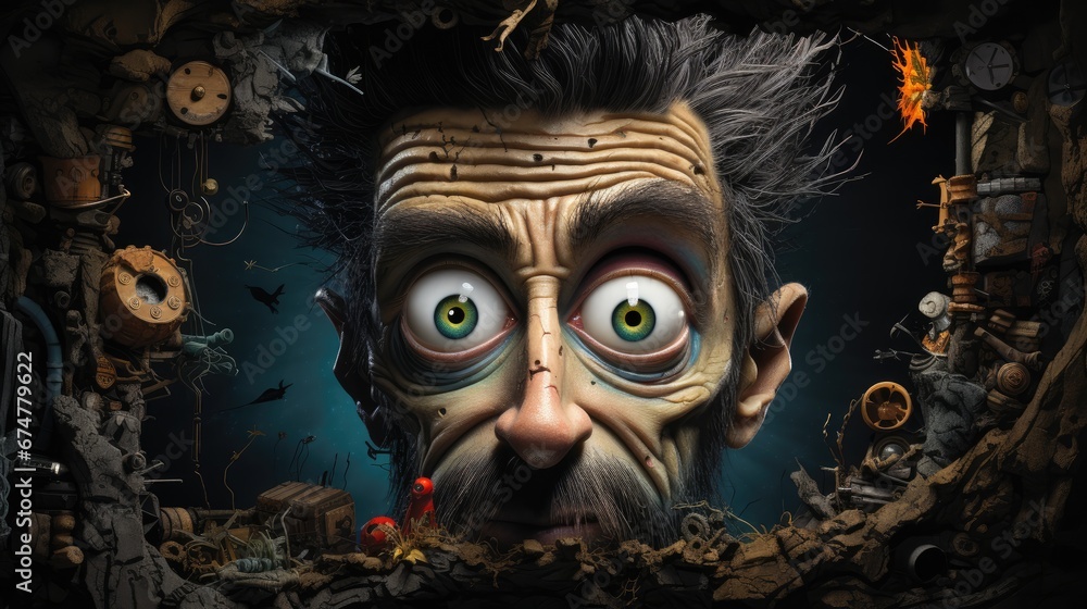 Poster an animated man with green eyes looking out of a hole in a wall, surrounded by various objects in a 
