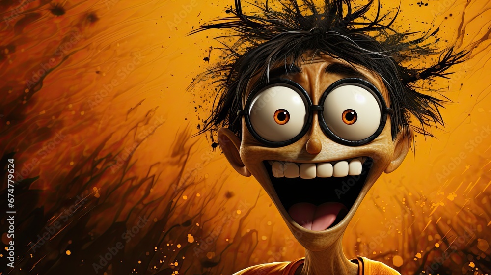 Poster a close up of a cartoon character with a weird look on it's face with hair blowing in the wind. gene