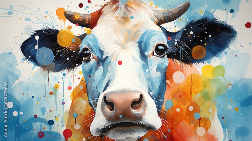 Poster a close up of a cow's face with colorful paint splatters on it's face and it's nose. generative ai