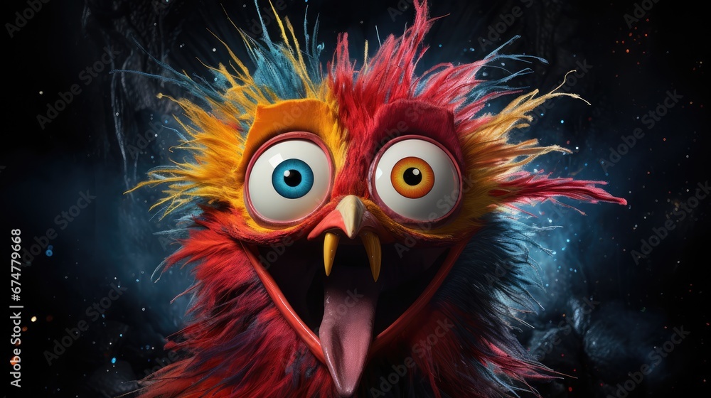 Poster a close up of a very colorful bird with a big smile on it's face and a black background. generative 