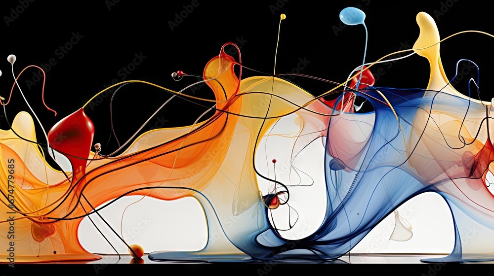Poster an abstract painting of different colors and shapes on a black background with a black background an