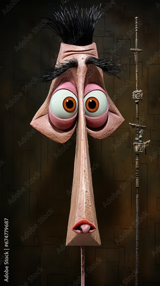 Poster a close up of a person's face with a long nose and a long nose with a long nose. generative ai