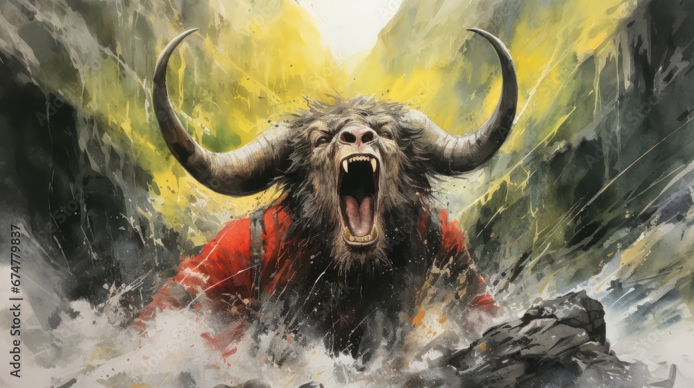 Poster a painting of a yak with its mouth open and it's mouth wide open with its mouth wide open. generativ